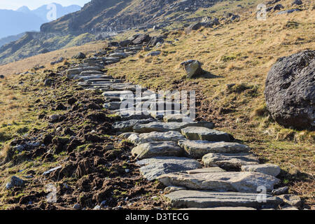 Pierres sur le nouveau sentier menant à Pen-y-Pass depuis le sommet de la vallée de Nant Gwynant, dans le parc national de Snowdonia, à Gwynedd, au nord du pays de Galles, au Royaume-Uni Banque D'Images