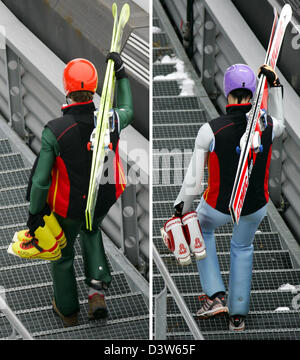 Le tableau montre le saut à ski allemand Martin Schmitt (R) et Michael Uhrmann descendre les escaliers au cours de la 55e tournoi quatre collines à la 'grande' Bergisel d'Innsbruck, en Autriche, le jeudi, 04 janvier 2007. En tant que meilleur allemand Uhrman a pris la dixième place et Schmitt 17. Photo : Matthias Schrader Banque D'Images