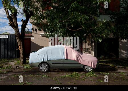 Mar del Plata, Buenos Aires, Argentine. Feb 25, 2013. Une voiture endommagée est couvert avec des couvertures après taille d'une balle de golf grêlons gelés les battues d'été populaires du pays resort le dimanche. Les évaluations indiquent qu'environ 5000 voitures ont été endommagées dans le court 10 minutes de tempête, ainsi que les foyers, les bureaux et les écoles, dont certaines restent fermé pour réparations. (Crédit Image : Photo : Ryan Noble/ZUMAPRESS.com/Alamy Live News) Banque D'Images