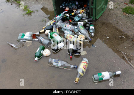 Berlin, Allemagne, a renversé Poubelle pour déchets de verre avec une variété de bouteilles de verre dans une flaque Banque D'Images