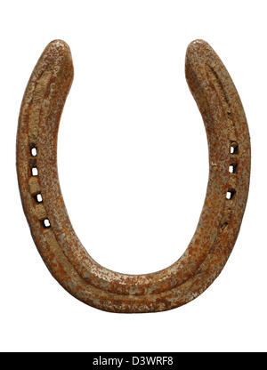 Old rusty lucky horseshoe isolé sur un fond blanc. Banque D'Images