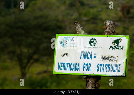 Un panneau proclamant que cette finca pousse les haricots pour Starbucks dans Miraflores dans la culture du café du Nicaragua highlands Banque D'Images