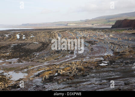La plate-forme de coupe vague rocheuse découverte à marée basse, Watchet, Somerset, Angleterre Banque D'Images