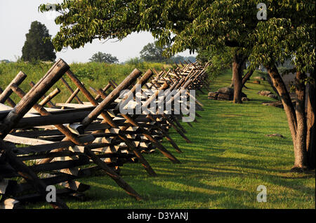 Champ de bataille arbres line split clôture Gettysburg en Pennsylvanie, la guerre civile champ de bataille de Gettysburg, Pennsylvanie, guerre civile, Banque D'Images