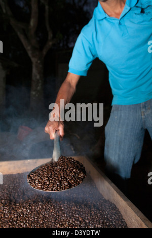 L'homme contient des grains de café fraîchement torréfié dans une louche au dessus d'un bac dans un foyer rural à Miraflores dans les hautes terres du Nicaragua Banque D'Images