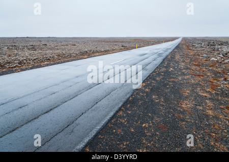 Une route humide vide en Islande sur une journée terne prises à un niveau faible et grand angle. Point de vue convergent montre à horizon Banque D'Images