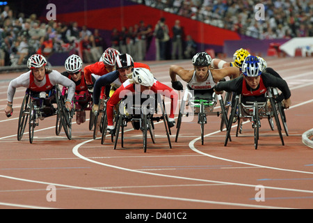 Tatyana McFadden (USA), Edith Wolf (Suisse), Shirley Reilly (USA) in Women's 1500m - T54 à Londres 2012 Jeux paralympiques. Banque D'Images