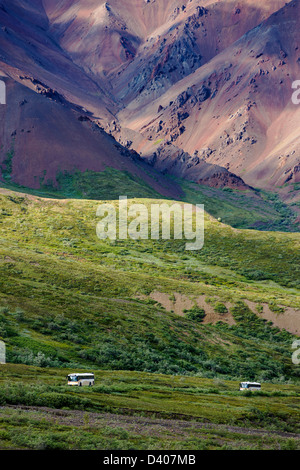 Navette bus visiteurs sur l'accès limité Denali Park Road, Denali National Park, Alaska, USA Banque D'Images