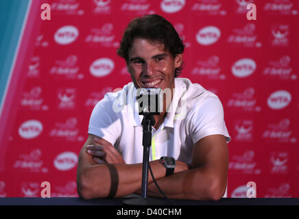 Acapulco, Mexique. 27 février 2013. Tennis Open du Mexique 2013- Rafael Nadal de l'Espagne sourit au cours de conférence de presse quand on lui demande son jeu de poker. Credit : Mauricio Paiz / Alamy Live News Banque D'Images