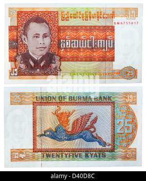 Billet de 25 kyats, le général Aung San et Pyinsa Rupa ou KeacheakSei, Birmanie, 1972 Banque D'Images