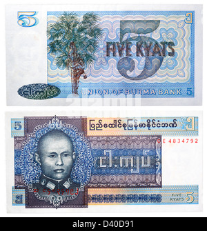 Billet de 5 kyats, le général Aung San et de palmier, Birmanie, 1973 Banque D'Images