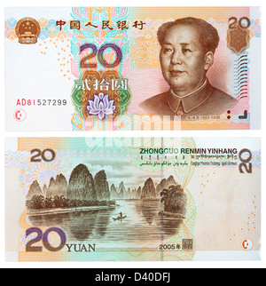 Billet de 20 yuans, Mao Zedong et le karst de la rivière Li des pics de montagne près de Yangshuo à Guilin, Guangxi Province, China, 2005 Banque D'Images