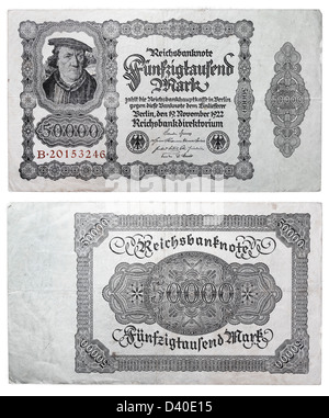 Billet de banque 50000 Pulheim, Allemagne, Burgermaster, 1922 Banque D'Images