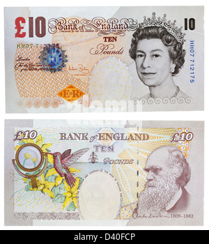 Billet de 10 livres, la reine Elizabeth II et Charles Darwin, UK, 2004 Banque D'Images