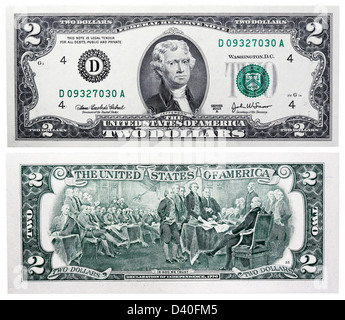 Billet de 2 dollars, Thomas Jefferson et de signature de la Déclaration d'indépendance, USA, 2003 Banque D'Images