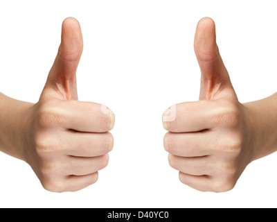 Les mains de l'adolescence féminine montre Thumbs up, isolated on white Banque D'Images