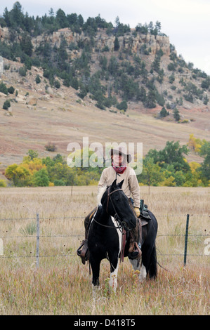 Cowgirl rides son cheval au cours de round-up du Wyoming, cowgirl cowboy et de l'ouest des États-Unis, d'élevage, Banque D'Images