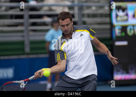 Delray, Florida, USA. 28 février 2013. ERNESTS GULBIS (LAT) en action lors de sa victoire sur Sam Querrey (USA) dans leur deuxième tour - Ernests Gulbis aujourd'hui (LAT) DEF Sam Querrey (USA) 6-4 4-6 7-6(4) (Image de crédit : Crédit : Andrew Patron/ZUMAPRESS.com/Alamy Live News) Banque D'Images
