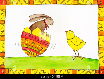 Carte de Pâques, dessin d'enfant, de l'aquarelle sur papier toile Banque D'Images