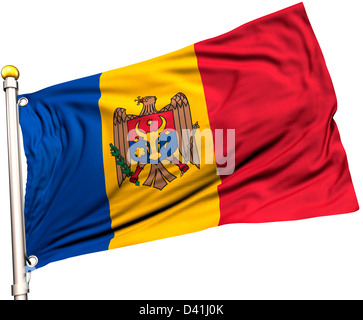 La Moldavie drapeau sur un mât. Chemin de détourage inclus. La texture de la soie visible sur le drapeau à 100  %. Banque D'Images