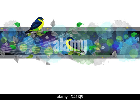 Frontière lumineuse avec des oiseaux peints et de feuilles. Fond blanc et des couleurs vives. Banque D'Images