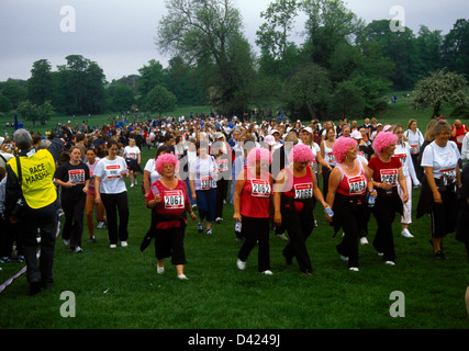 Les femmes portant des perruques Rose prenant part à la course pour la vie de charité de la recherche sur le Cancer Banque D'Images