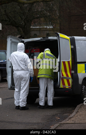 Scène de crime à Hemel Hempstead, Hertfordshire. un corps d'un homme dans son 60's a été trouvé dans la maison brûlée. Banque D'Images