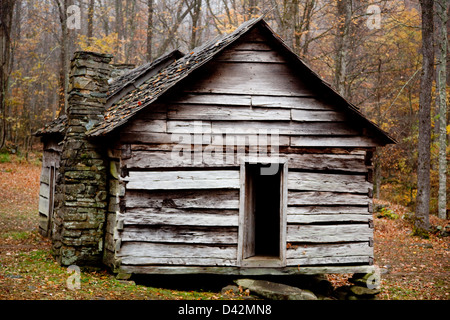 Cabane rustique, ancienne, avec l'automne woods dans l'arrière-plan, de Great Smoky Mountain Park, au Tennessee Banque D'Images