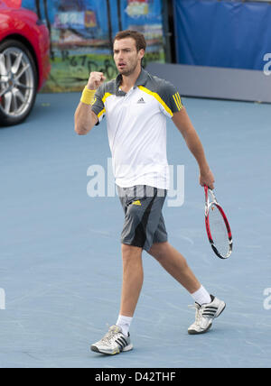 2 mars 2013 - Delray, Florida, USA - Delray Beach, FL - 2 mars : Ernests Gulbis (LAT) en action contre l'ancien champion Tommy Haas (GER). Gulbis a gagné 6-3, 4-6, 7-6(2) et attend de voir qui sera son adversaire en finale. (Crédit Image : © Andrew Patron/ZUMAPRESS.com) Banque D'Images