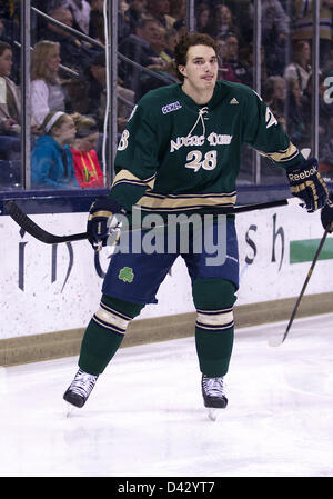 2 mars 2013 - South Bend, Indiana, États-Unis d'Amérique - Mars 02, 2013 : Notre Dame le défenseur Stephen Johns (28) NCAA avant de partie de hockey entre les Notre Dame Fighting Irish et les Falcons de Bowling Green à Compton Famille Ice Arena à South Bend, Indiana. Notre Dame défait Bowling Green 4-1. Banque D'Images