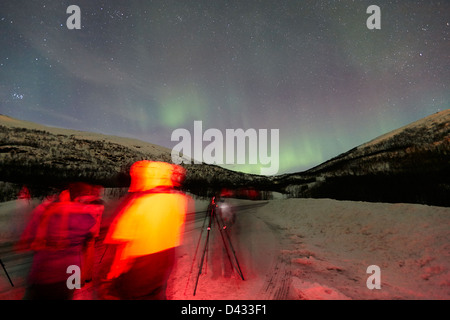 Les touristes avec trépieds et appareils photo et jusqu'à photographier les aurores boréales aurores boréales près de Tromso, dans le nord de la norvège, Europe Banque D'Images