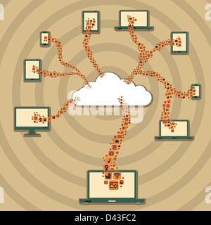 Vector illustration de plusieurs appareils informatiques connectés et partager les uns les autres sur un nuage réseau. Banque D'Images