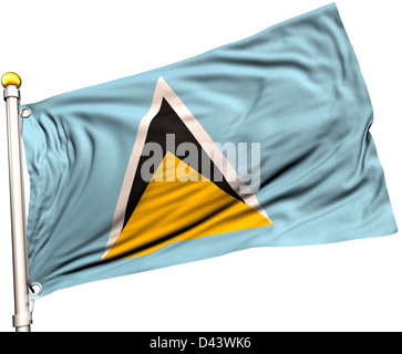Saint Lucia drapeau sur un mât. Chemin de détourage inclus. La texture de la soie visible sur le drapeau à 100  %. Banque D'Images