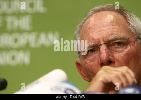 Chypre, Nicosie-15 septembre:le Ministre allemand des Finances, Wolfgang Schaeuble parle aux médias lors d'un Conseil ECOFIN le 15 septembre Banque D'Images