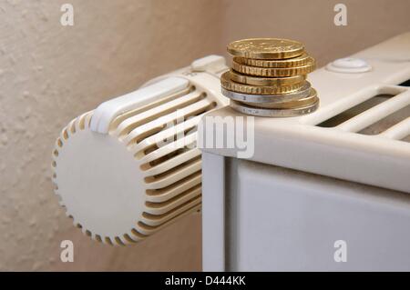 Illustration - les pièces en euros et les centimes sont illustrés sur un radiateur à Berlin, Allemagne, le 5 décembre 2007. Fotoarchiv für ZeitgeschichteS.Steinach Banque D'Images