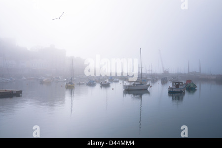 Vue sur le port de Torquay sur un matin, encore, avec sea mist enveloppant les bâtiments. Banque D'Images