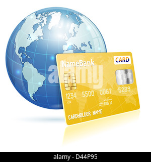 Concept financier mondial avec carte de crédit et de la Terre, icon isolated on white Banque D'Images