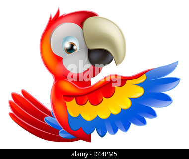 Un perroquet ara rouge tour de Pise un signe ou une bannière et en pointant son aile à ce qui est écrit sur elle Banque D'Images