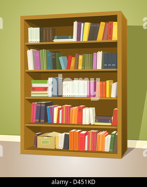 Illustration d'un dessin de l'école ou à la maison étagère en bois à l'intérieur du magasin de la bibliothèque avec des livres de lignes Banque D'Images