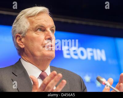 Bruxelles, Belgique. 5 mars 2013. Commissaire européen au marché intérieur et aux services Michel Barnier en photo lors d'une conférence de presse après la réunion du Conseil Ecofin. Credit : Bernal Revenir/Alamy Live News Banque D'Images