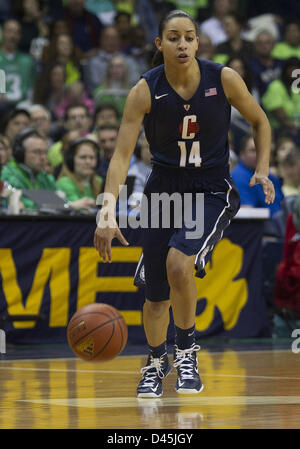 South Bend, Indiana, États-Unis. 4 mars, 2013. Virginia guard Bria Hartley (14) dribble le ballon de basket-ball de NCAA en action de jeu entre la Cathédrale Notre Dame Fighting Irish et le Connecticut Huskies au pavillon de Purcell à Joyce Center à South Bend, Indiana. Notre Dame a battu Minnesota 96-87 en triple prolongation. Banque D'Images