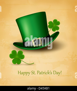 Saint Patrick's Day card avec feuilles de girofle et chapeau vert. Vector illustration. Banque D'Images