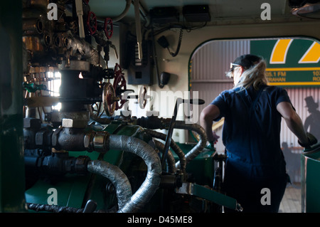 Ingénieur femme tend une machine à vapeur historique sur l'Abt Railway, Tasmanie, menacée de fermeture en 2013 Banque D'Images