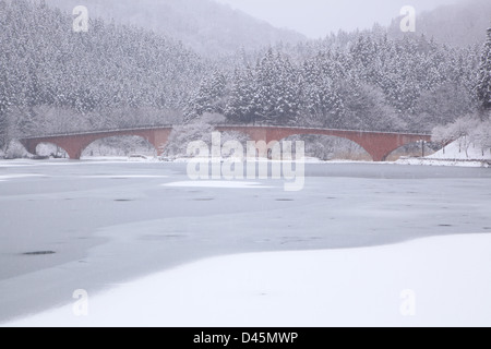 Lac gelé Usui et pont en hiver, Gunma, Japon Banque D'Images