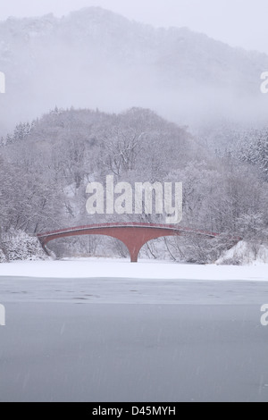 Lac gelé Usui et pont en hiver, Gunma, Japon Banque D'Images