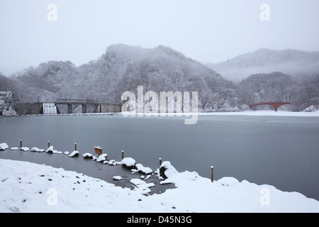 Lac gelé Usui et pont en hiver, Gunma, Japon Banque D'Images