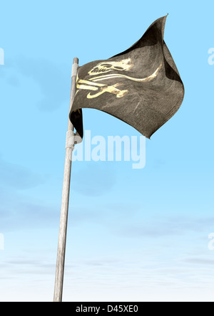 Un Drapeau pirate Jolly Roger ordinaire avec un crâne et des coutelas sur fond noir attaché à un poteau en bois sur un ciel bleu backg Banque D'Images