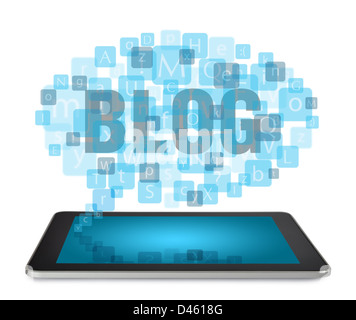 Tablet PC avec nuage de caractères alphabet icônes isolé sur fond blanc Banque D'Images