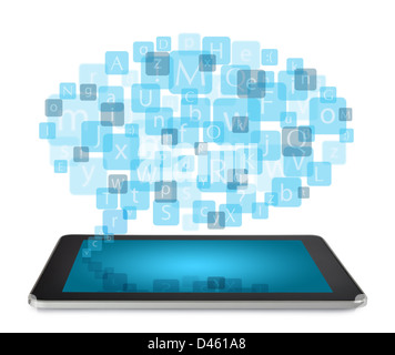 Tablet PC avec nuage de caractères alphabet icônes isolé sur fond blanc Banque D'Images
