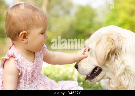 Petite fille en robe d'été assis dans la zone de flatter le chien de famille Banque D'Images